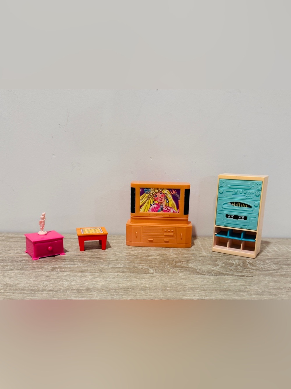 Vintage 1993 Barbie Living Room Entertainment Set Lot - TV, Stereo Tower, Tables